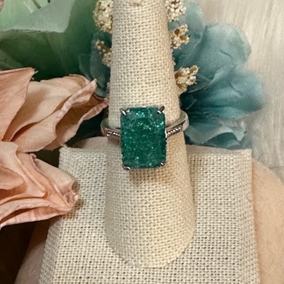 Jewelry - Aqua Zircon Accent Gemstone Ring With Side Micro Pave Simulate Diamonds NEW!